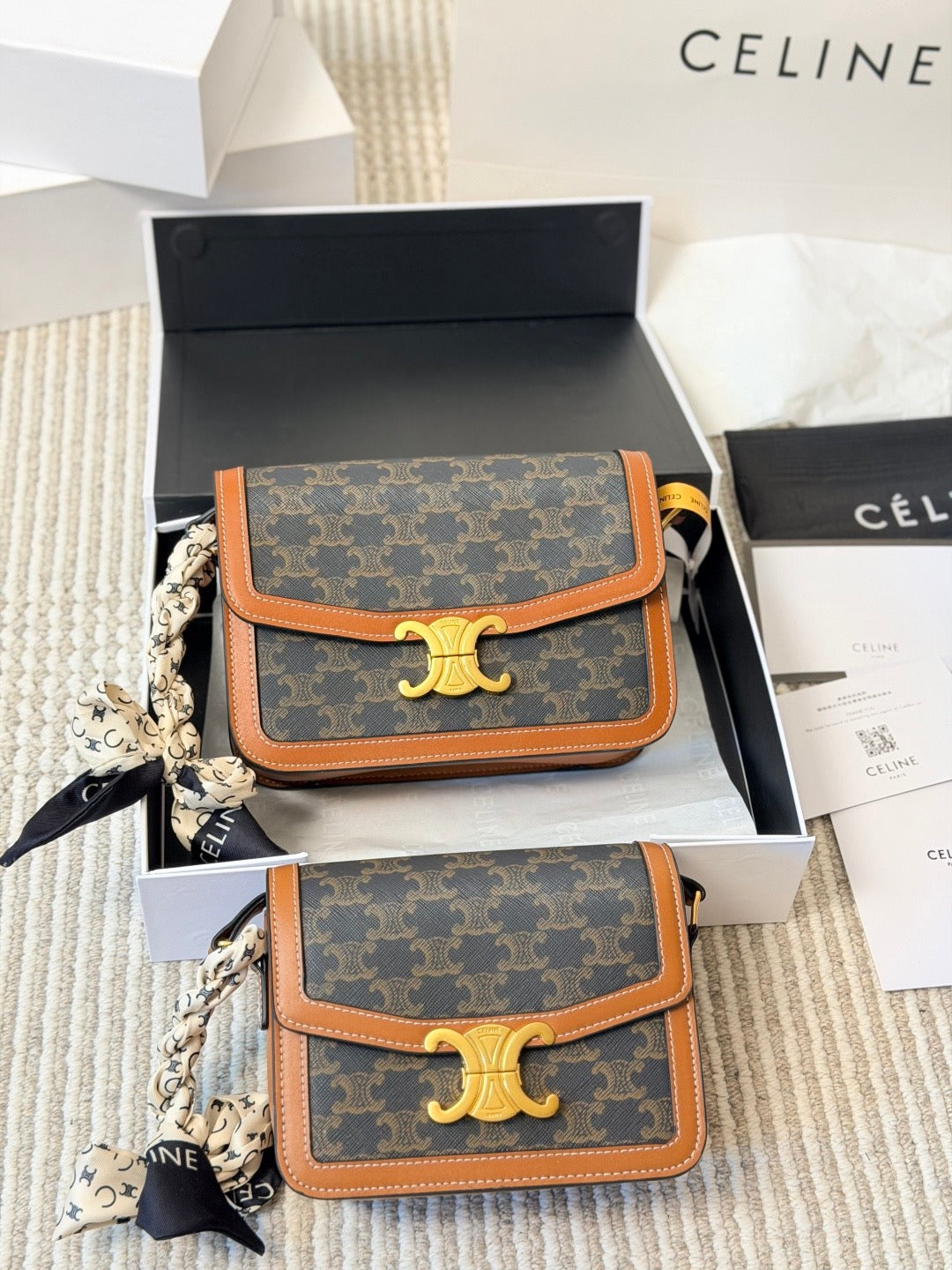 CELINE Triomphe Bag in Triomphe Canvas and Calfskin – Tan