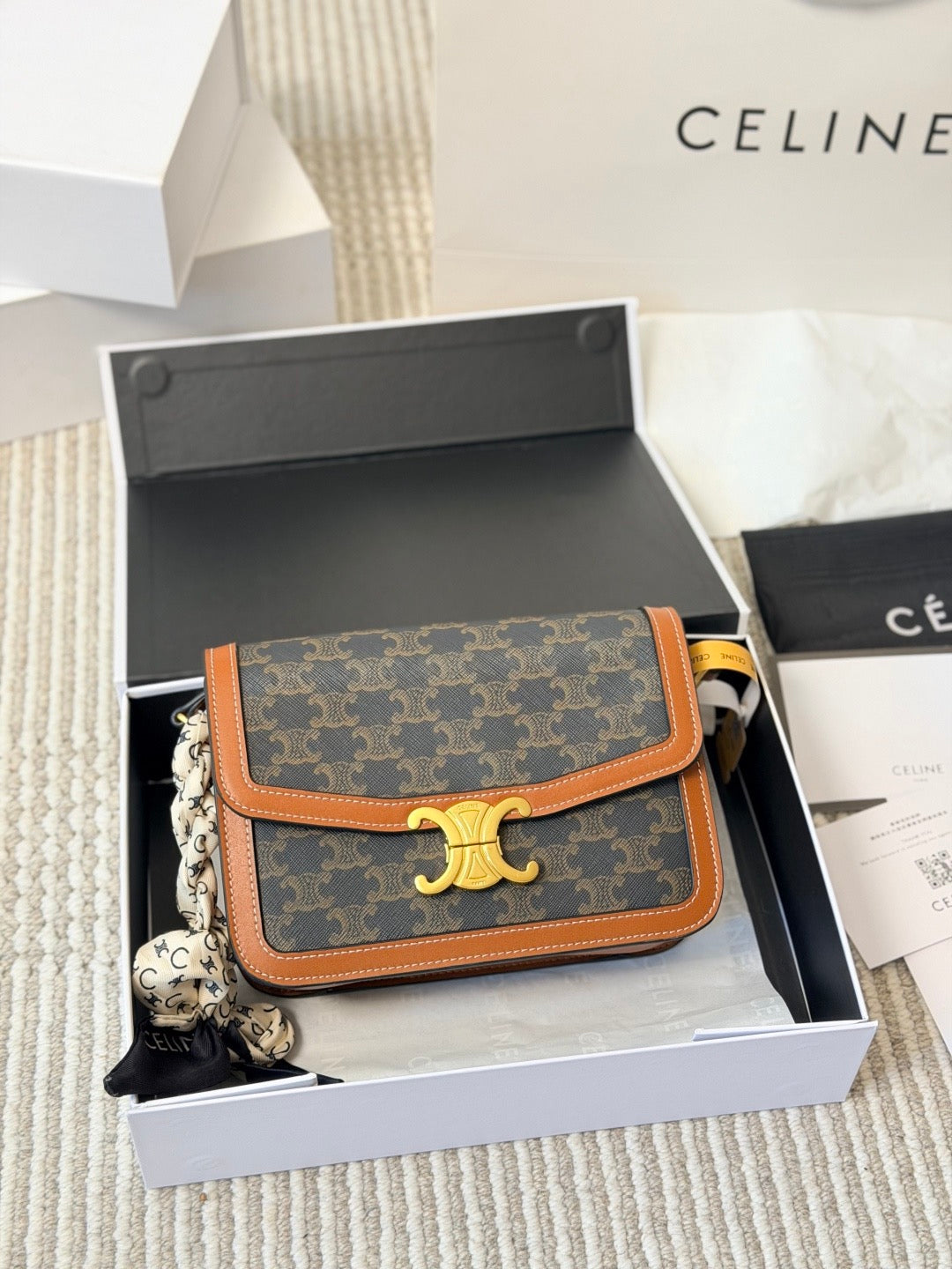 CELINE Triomphe Bag in Triomphe Canvas and Calfskin – Tan