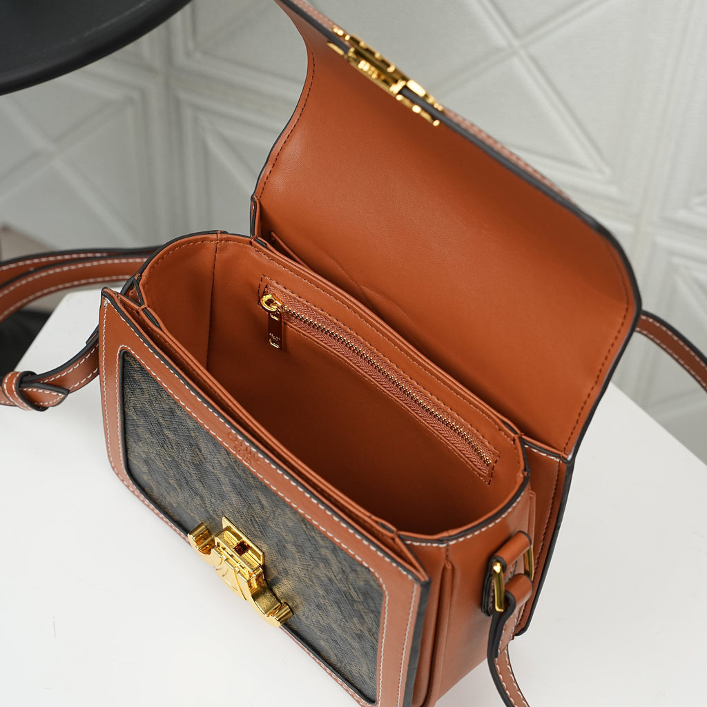 CELINE Triomphe Bag in Triomphe Canvas and Calfskin – Tan