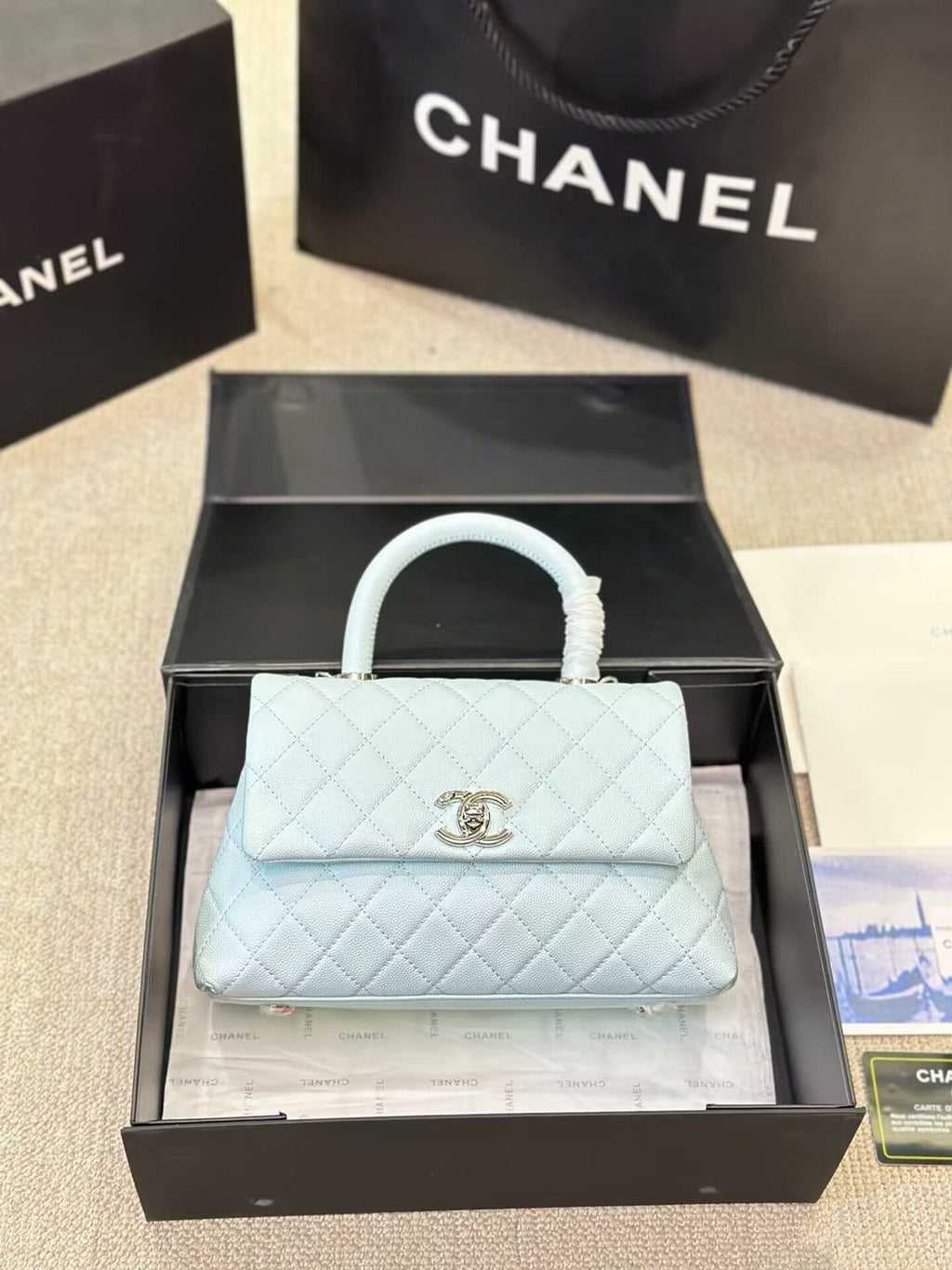 CHANEL Caviar Quilted Small Coco Handle Flap Light Blue