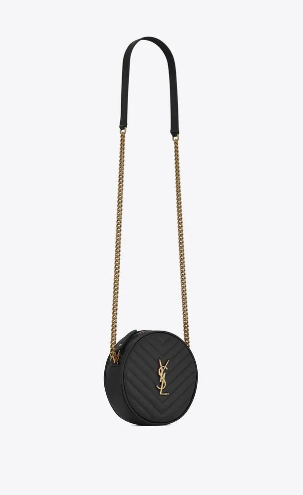 SAINT LAURENT VINYLE ROUND QUILTED GRAIN LEATHER ROUND BAG