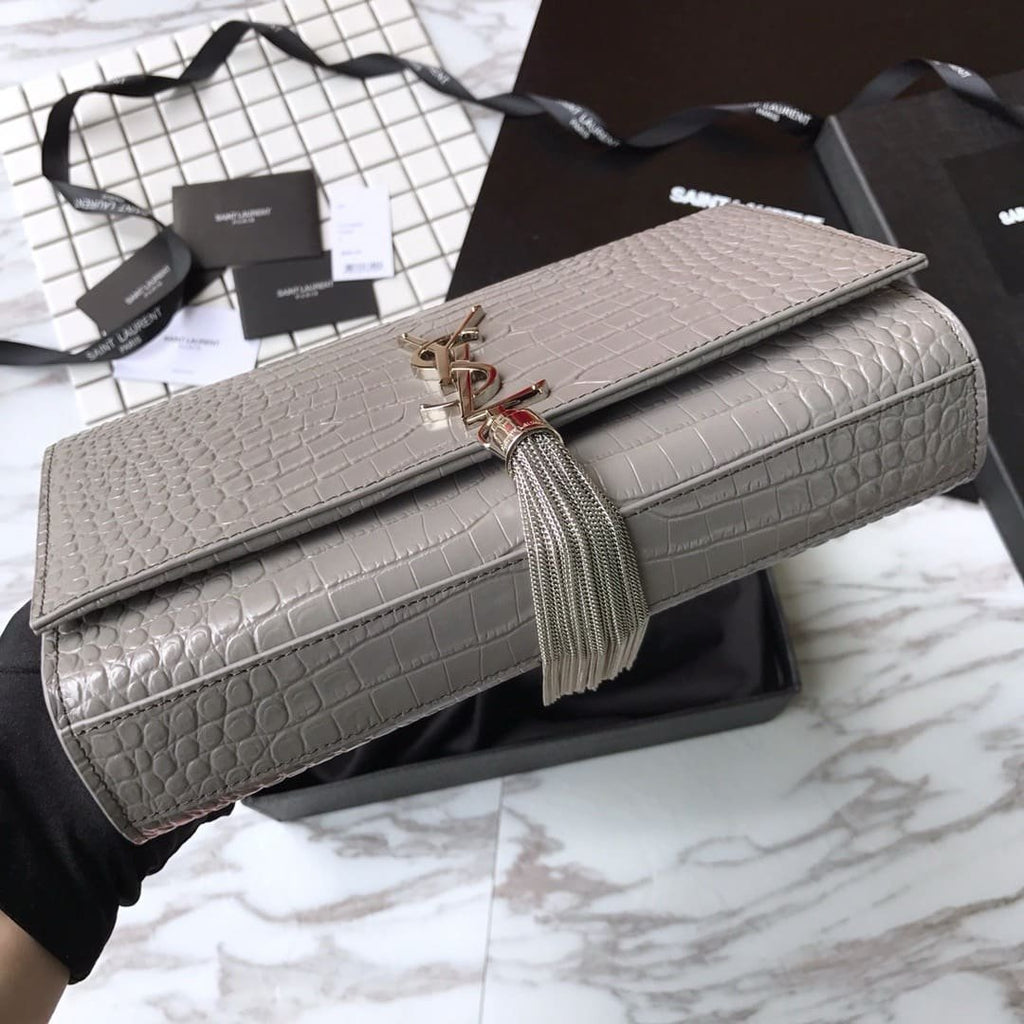 Saint Laurent Grey Crocodile Embossed Kate Medium
