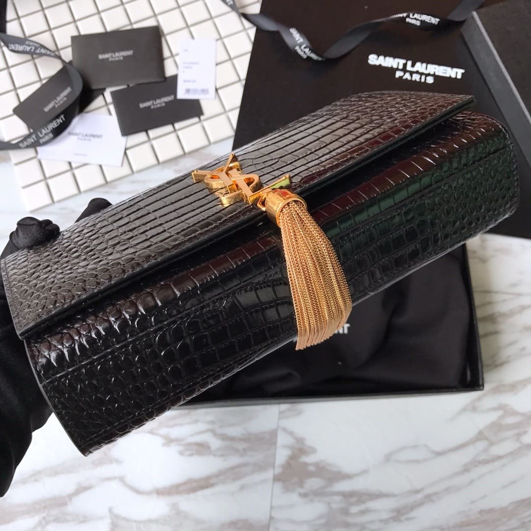 Saint Laurent Medium Kate Tassel Chain Bag In Black Crocodile Em